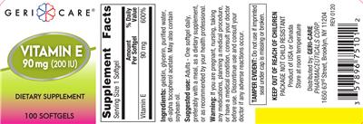 Photo of the Geri-Care Vitamin E 90 mg (200 IU) label