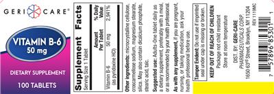 Photo of the Geri-Care Vitamin B-6 50 mg label