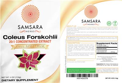Photo of the Samsara Herbs Coleus Forskohlii 20:1 Concentrated Extract label