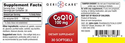 Photo of the Geri-Care CoQ10 100 mg label