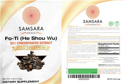 Photo of the Samsara Herbs Fo-Ti (He Shou Wu) 20:1 Concentrated Extract label