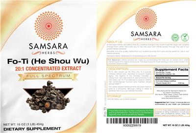 Photo of the Samsara Herbs Fo-Ti (He Shou Wu) 20:1 Concentrated Extract label