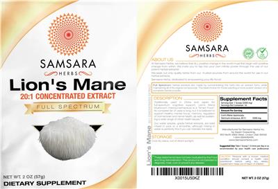 Photo of the Samsara Herbs Lion's Mane 20:1 Concentrated Extract label