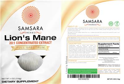 Photo of the Samsara Herbs Lion's Mane 20:1 Concentrated Extract label