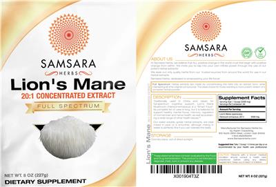 Photo of the Samsara Herbs Lion's Mane 20:1 Concentrated Extract label