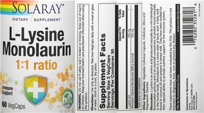 Photo of the Solaray L-Lysine Monolaurin 1:1 Ratio label