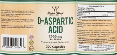 Photo of the Double Wood Supplements D-Aspartic Acid 2000 mg label