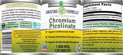 Photo of the AN Amazing Nutrition Amazing Formulas Chromium Picolinate 1,000 mcg label