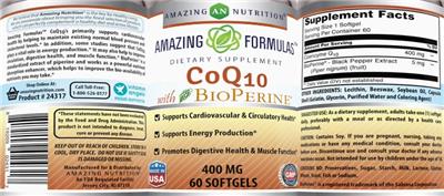 Photo of the AN Amazing Nutrition Amazing Formulas CoQ10 400 mg with BioPerine label