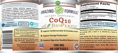 Photo of the AN Amazing Nutrition Amazing Formulas CoQ10 100 mg with BioPerine label