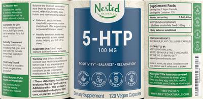 Photo of the Nested Naturals 5-HTP 100 mg label