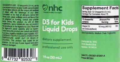 Photo of the NHC Natural Healthy Concepts D3 for Kids Liquid Drops label