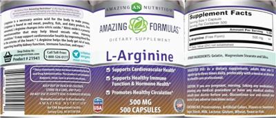 Photo of the AN Amazing Nutrition Amazing Formulas L-Arginine 500 mg label