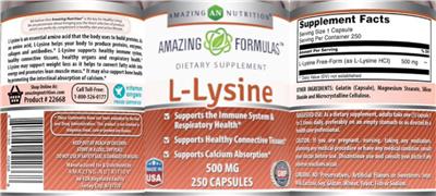 Photo of the AN Amazing Nutrition Amazing Formulas L-Lysine 500 mg label
