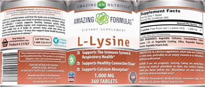 Photo of the AN Amazing Nutrition Amazing Formulas L-Lysine 1,000 mg label