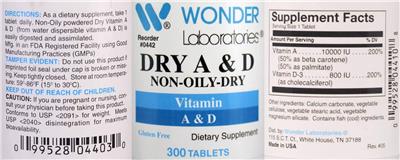 Photo of the Wonder Laboratories Dry A & D label