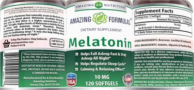 Photo of the AN Amazing Nutrition Amazing Formulas Melatonin 10 mg label