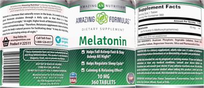 Photo of the AN Amazing Nutrition Amazing Formulas Melatonin 10 mg label