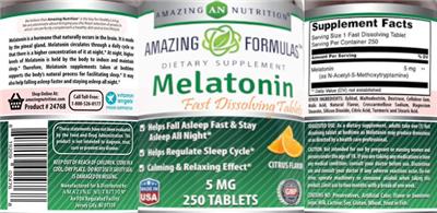 Photo of the AN Amazing Nutrition Amazing Formulas Melatonin 5 mg Citrus Flavor label