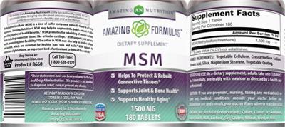 Photo of the AN Amazing Nutrition Amazing Formulas MSM 1500 mg label