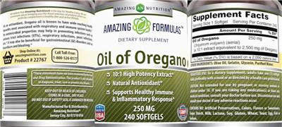 Photo of the AN Amazing Nutrition Amazing Formulas Oil of Oregano 250 mg label