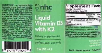 Photo of the NHC Natural Healthy Concepts Liquid Vitamin D3 with K2 label