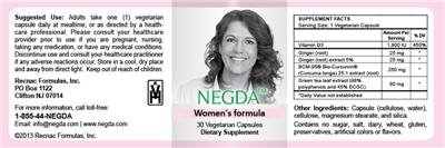 Photo of the Recnac Formulas NEGDA Women's formula label