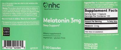Photo of the NHC Natural Healthy Concepts Melatonin 3 mg label