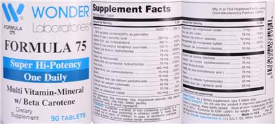 Photo of the Wonder Laboratories Formula 75 Multi Vitamin-Mineral label