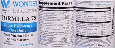 Photo of the Wonder Laboratories Formula 75 Multi Vitamin-Mineral label