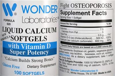 Photo of the Wonder Laboratories Liquid Calcium Softgels label
