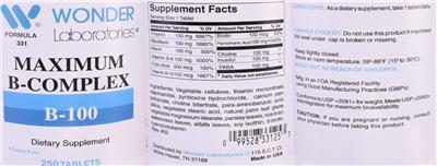 Photo of the Wonder Laboratories Maximum B-Complex B-100 label
