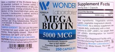 Photo of the Wonder Laboratories Mega Biotin 5000 mcg label