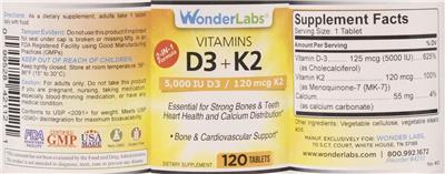 Photo of the Wonder Labs Vitamins D3 5,000 IU + K2 120 mcg label