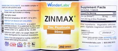Photo of the Wonder Labs Zinmax 50 mg label