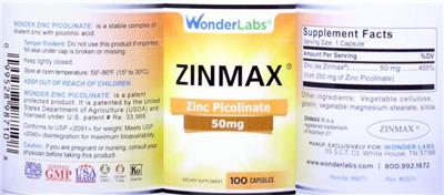Photo of the Wonder Labs Zinmax 50 mg label