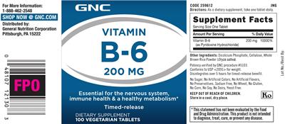 Photo of the GNC Vitamin B-6 200 mg label