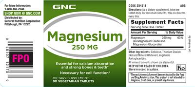 Photo of the GNC Magnesium 250 mg label
