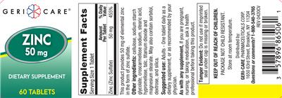 Photo of the Geri-Care Zinc 50 mg label