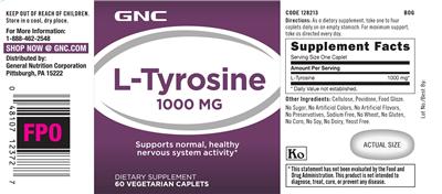 Photo of the GNC L-Tyrosine 1000 mg label