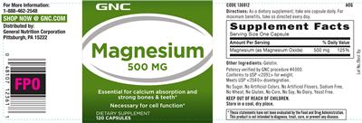 Photo of the GNC Magnesium 500 mg label