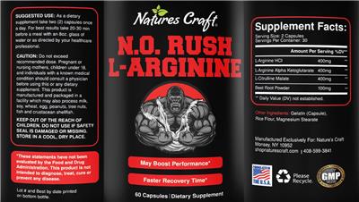 Photo of the Natures Craft N.O. Rush L-Arginine label