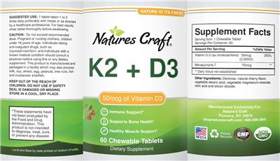Photo of the Natures Craft K2 + D3 50 mcg label