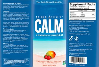 Photo of the Natural Vitality CALM Strawberry Mango Flavored label