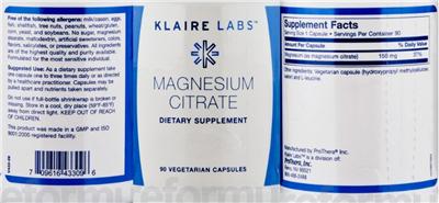 Photo of the Klaire Labs Magnesium Citrate label