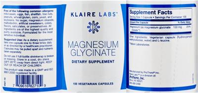 Photo of the Klaire Labs Magnesium Glycinate label
