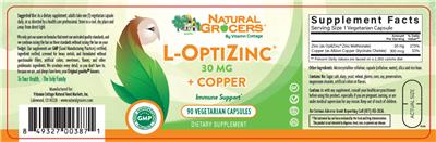 Photo of the Natural Grocers by Vitamin Cottage L-OptiZinc 30 mg + Copper label