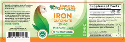 Photo of the Natural Grocers by Vitamin Cottage Iron Glycinate 25 mg label