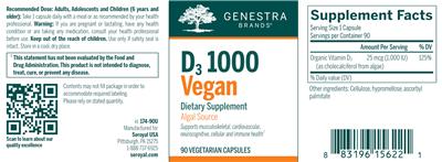 Photo of the Genestra Brands D3 1000 Vegan label