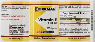 Photo of the Kirkman Vitamin E 100 IU label